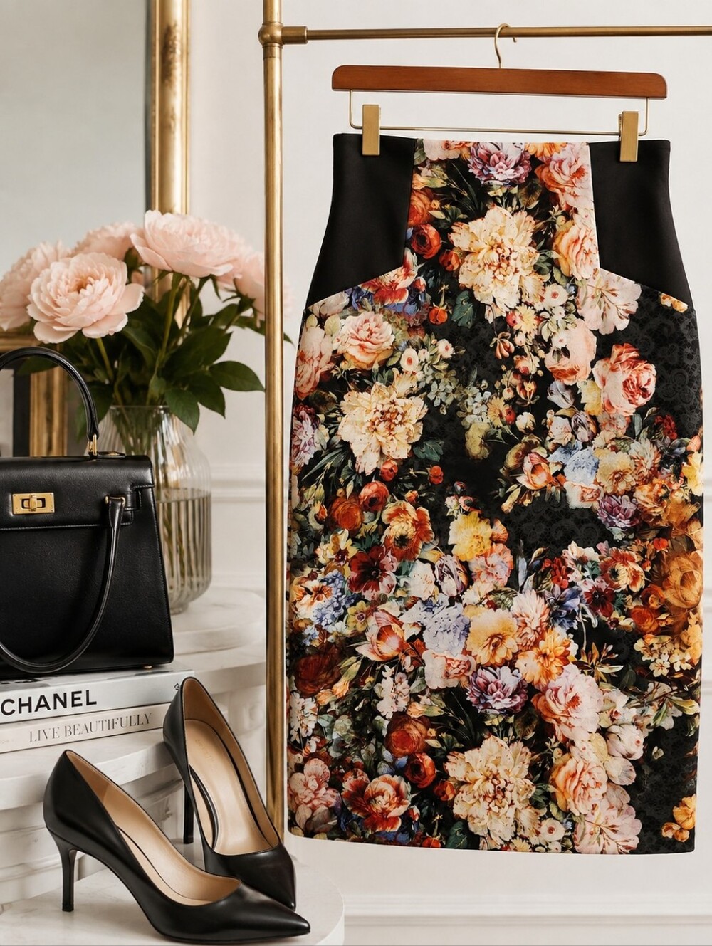 5 Twelve Floral Pencil Skirt Black Pink Stretch Midi Size M